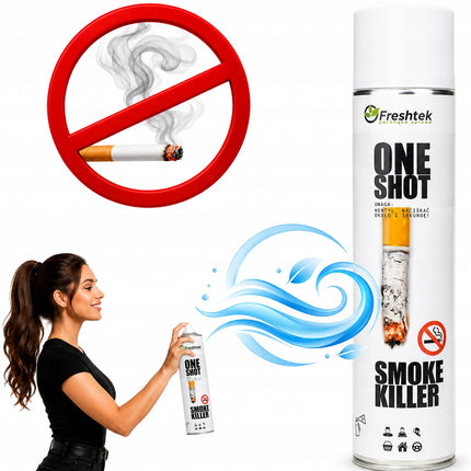 Aerosolový sprej Freshtek ONE SHOT Smoke Killer v bílé nádobě, detail štítku.
