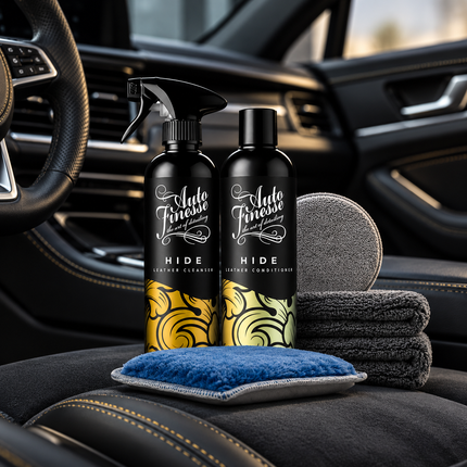 Sada na čištění a ochranu kůže Auto Finesse: sprej, kondicionér a textilní utěrky