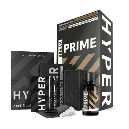 Sada HYPER Prime: lahvička, certifikát a utěrka, černá a zlatá grafika