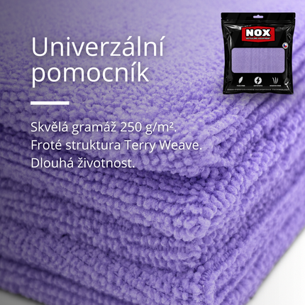 Mikrovláknová utěrka FiberOne, fialová, 250 GSM, 40×40 cm, froté tkaní.